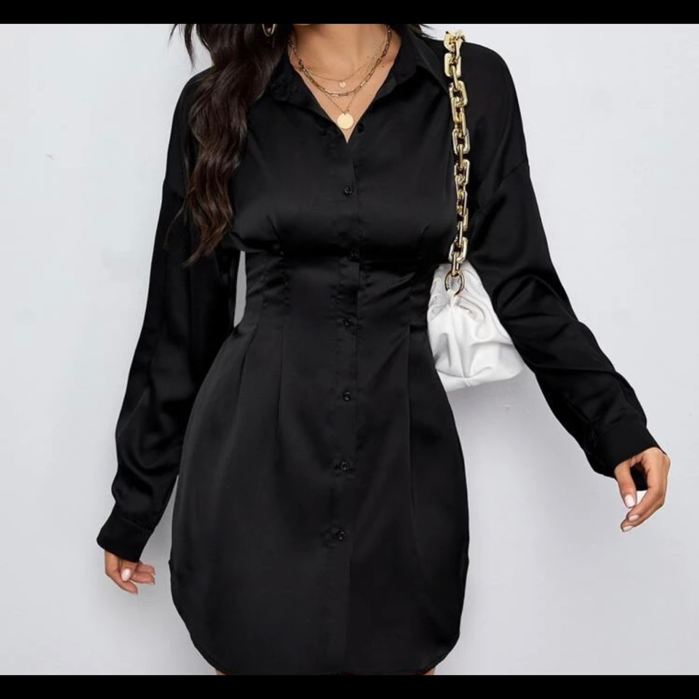 SHEIN drop shoulder ruched waist satin shirt dress